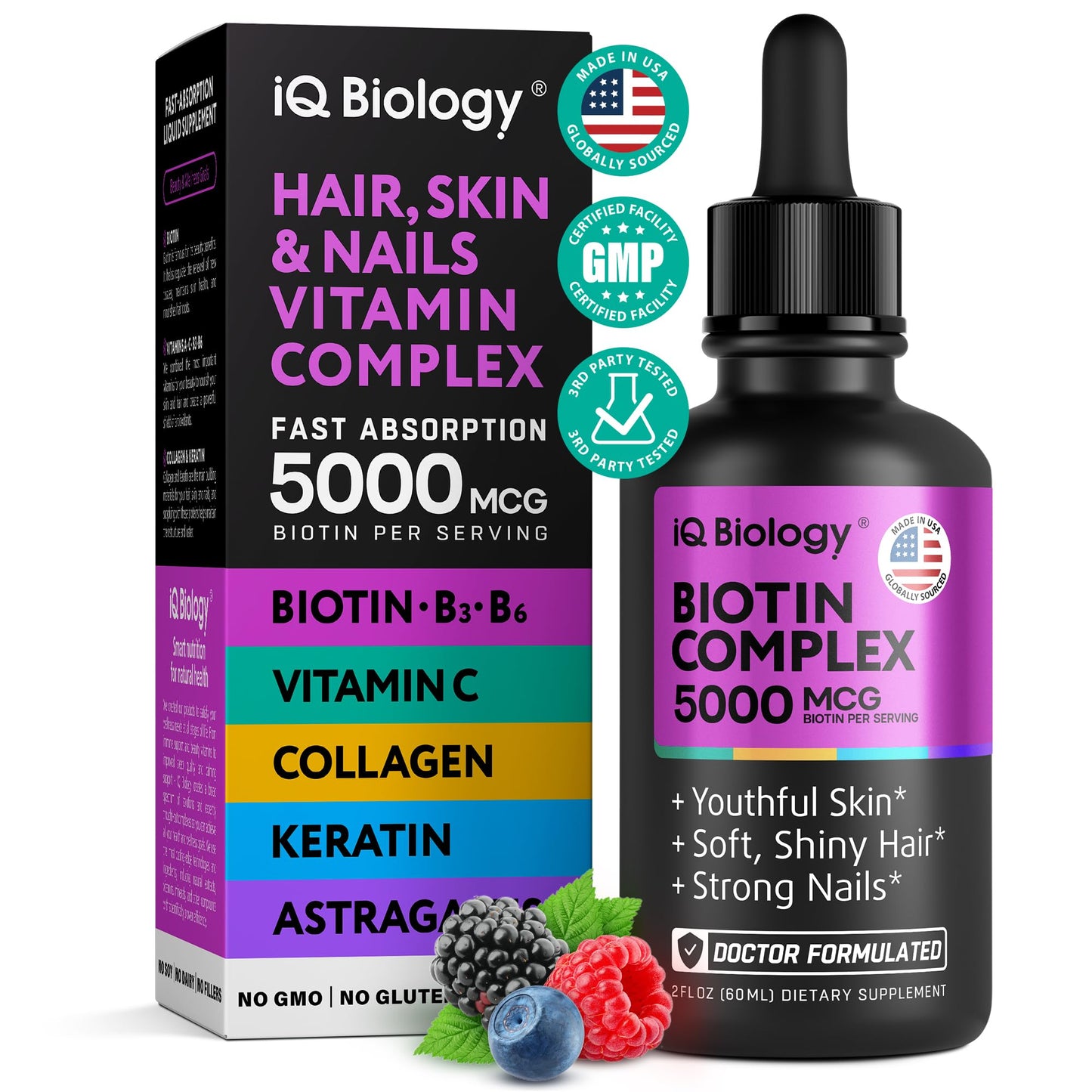 Liquid Biotin 5000mcg Drops – 80000mcg Hair Growth Vitamins Complex with Astragalus Collagen & Keratin | Made in the USA | Extra Strength Hair Skin and Nails Vitamins - Hair Vitamins for Women & Men